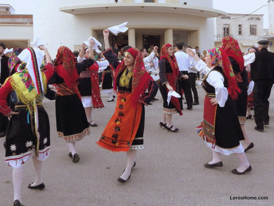 Traditional musicians and dancers outside the theatre, Lakki, Leros