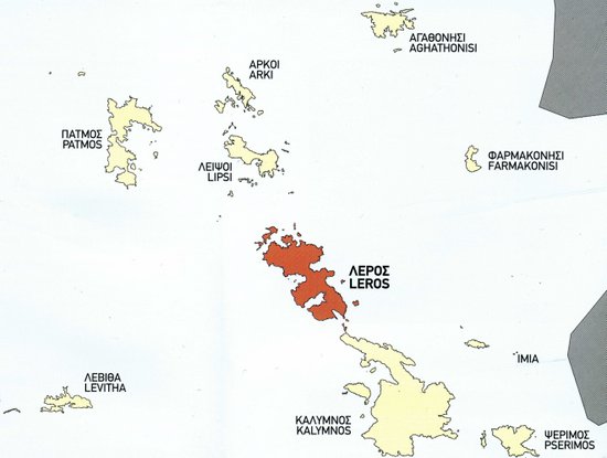 map of Leros and Patmos and the small islands of the North Dodecanese